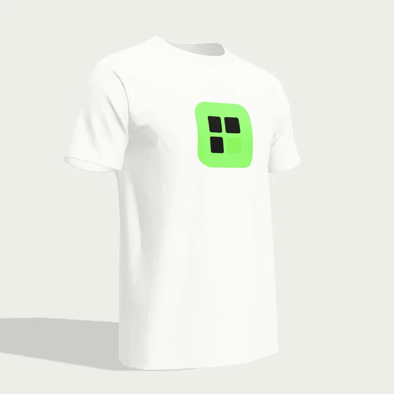 Mockup 3D d’un t-shirt blanc vu de trois quarts, logo imprimé sur la poitrine